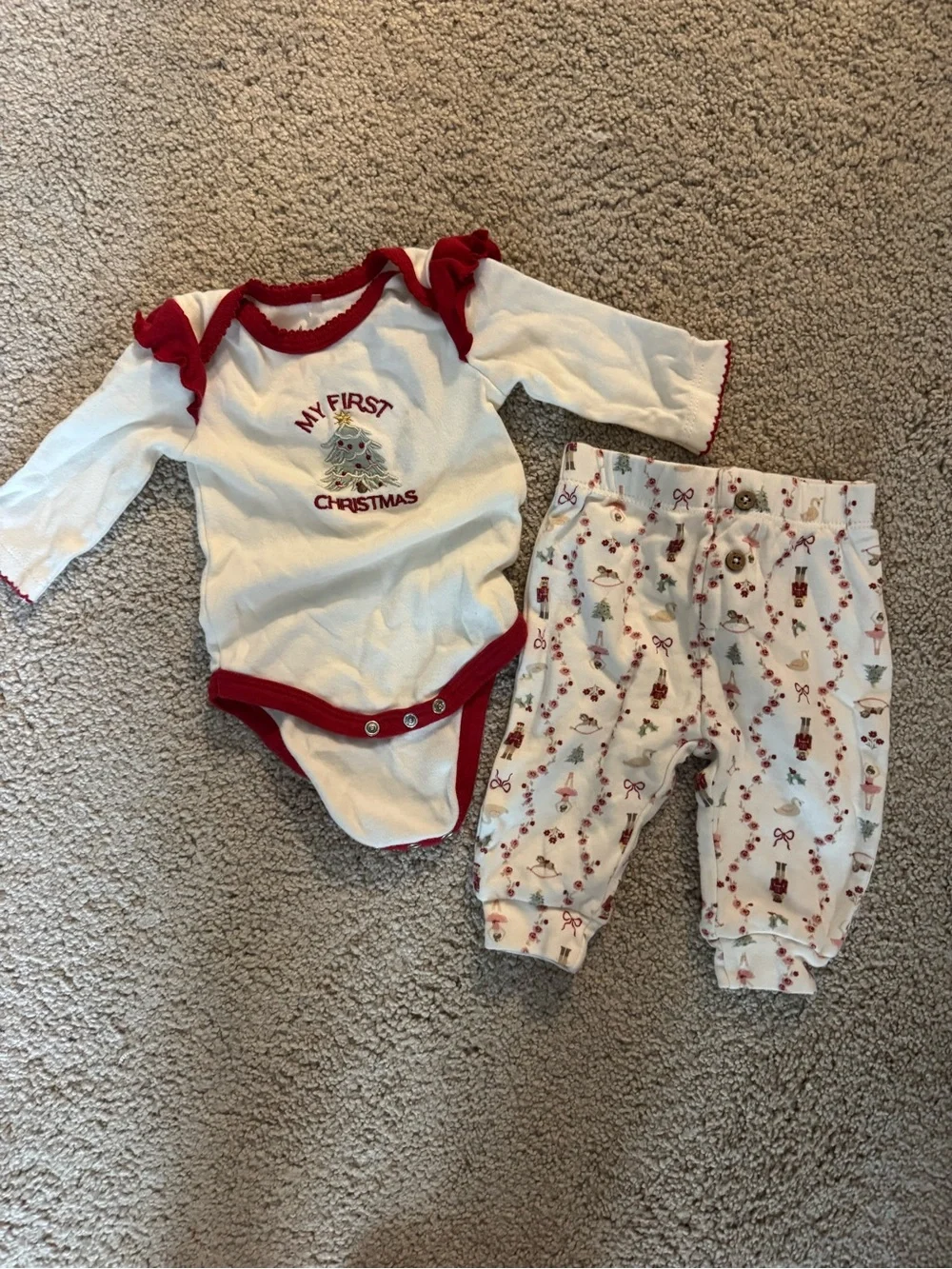 Baby Girls White and Red 'My First Christmas' One-Piece & Pants Set